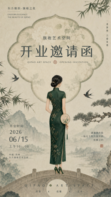 新中式美学旗袍空间开业邀请函竖版海报   预览效果