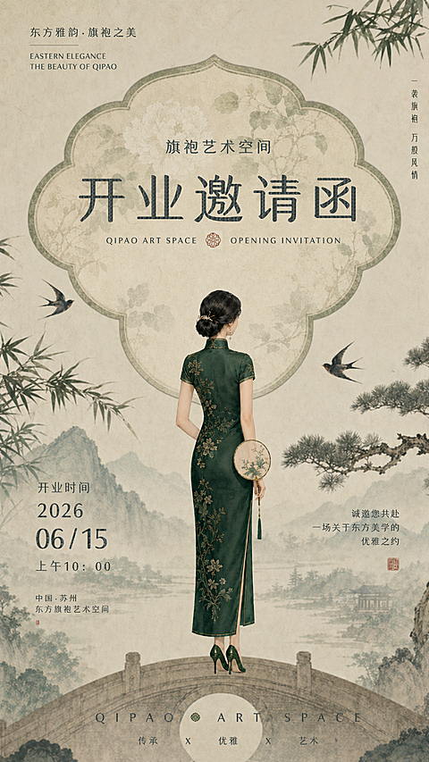 新中式美学旗袍空间开业邀请函竖版海报   