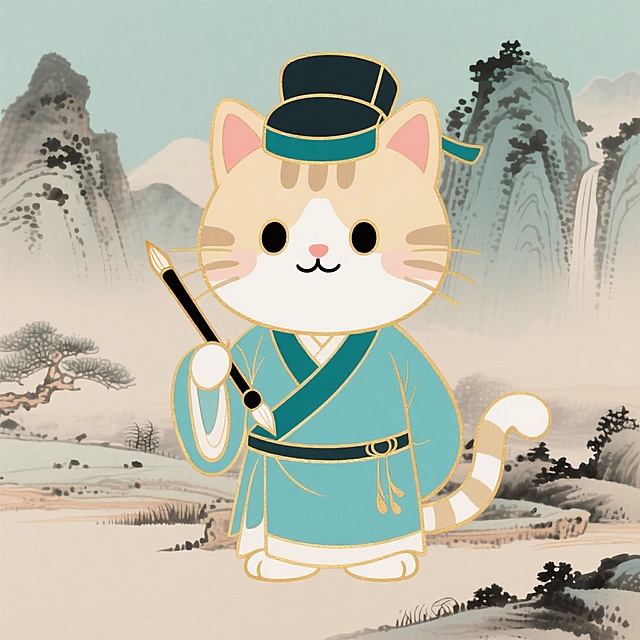 一只古风的卡通猫咪IP形象，头戴书生帽，身穿青色长袍，手持毛笔，背景是水墨风格的山水，整体风格儒雅古典