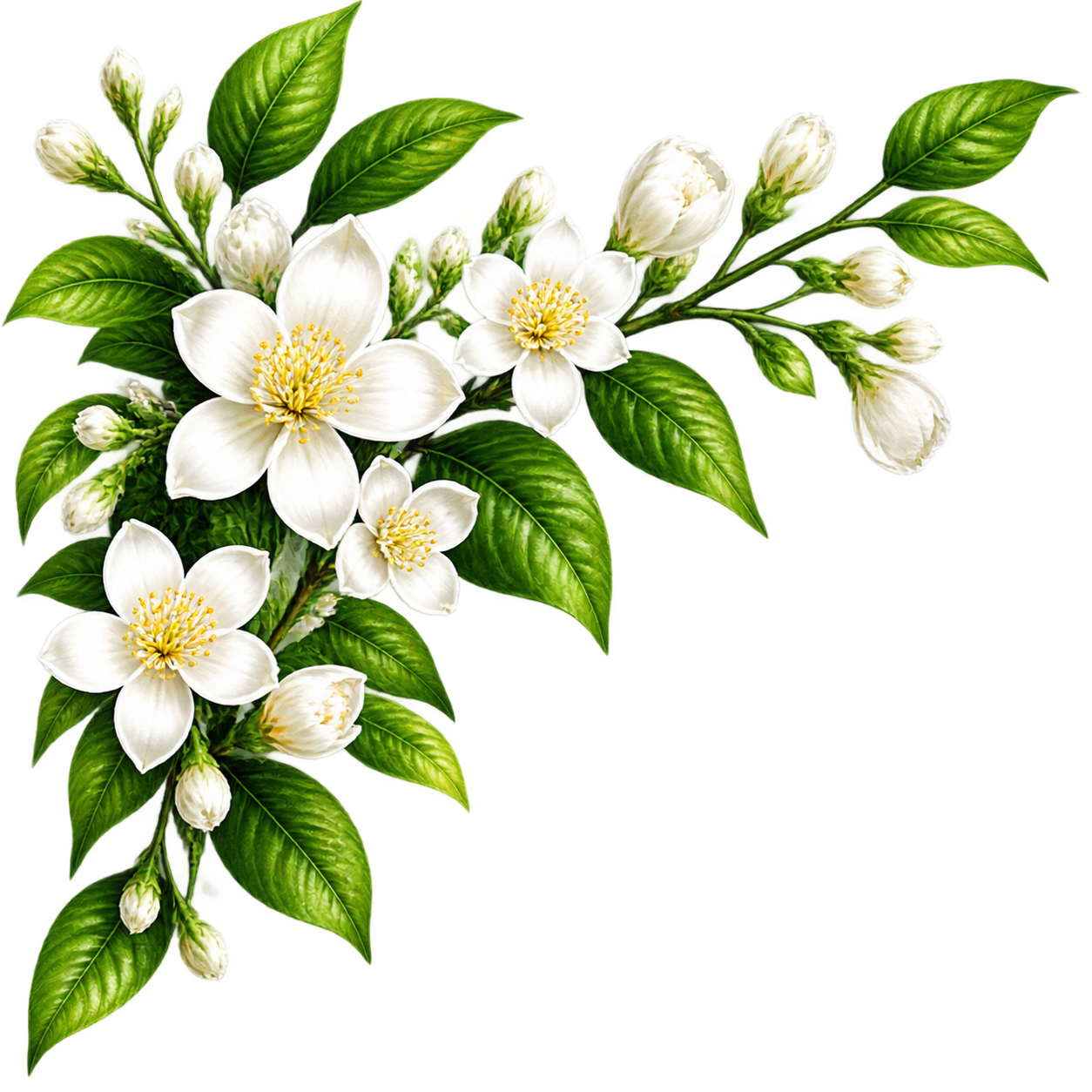 提取左上角的白色茉莉花簇素材，包含白色茉莉花、绿色叶子、花枝，… - 图片创意预览