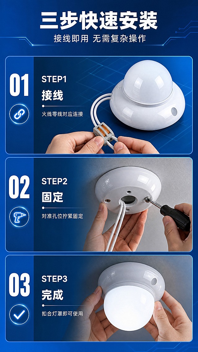 [商品] 使用【图1】声光控一体灯UFO（翼芯智能YXKJ）；保留白色半球形灯罩、圆形底座、侧面感应探头、两根白色出线、整体UFO造型、白色亮面材质；产品在各步骤中展示不同安装状态，接线端清晰可见。
[画面] 目标：安装步骤演示，突出安装简便。竖向3步流程，每步有产品+手部动作示意图：STEP1 接线（两根线对接电源）、STEP2 固定底座（对准孔位安装）、STEP3 完成安装（灯罩扣合亮灯）。左侧竖排步骤编号，右侧对应安装示意图。顶部标题区。
[视觉] 套系策略：风格=工业科技风商业摄影；标题字=粗黑无衬线黑体；正文字=简洁无衬线黑体；主色=深蓝(#0A4DA2)；背景延展=深蓝到浅蓝的渐变、同色系深浅层级、科技感光斑和线条；强调色=亮白色，仅用于小面积图标、引线、标签和高光；标题色=白色；正文色=浅灰蓝；组件=圆角深蓝信息卡、白色细线引线、发光图标；光影=左前侧冷白光，产品右侧有轮廓光。
[文字] 顶部主标题「三步快速安装」，副标题「接线即用 无需复杂操作」。每步配标题和1行说明：STEP1 接线-火线零线对应连接、STEP2 固定-对准孔位拧紧固定、STEP3 完成-扣合灯罩即可使用。
[规格] 图片比例9:16竖版，4K分辨率，负向提示：避免变形、错字、文字过小、产品颜色改变、结构失真、模糊、水印、二维码