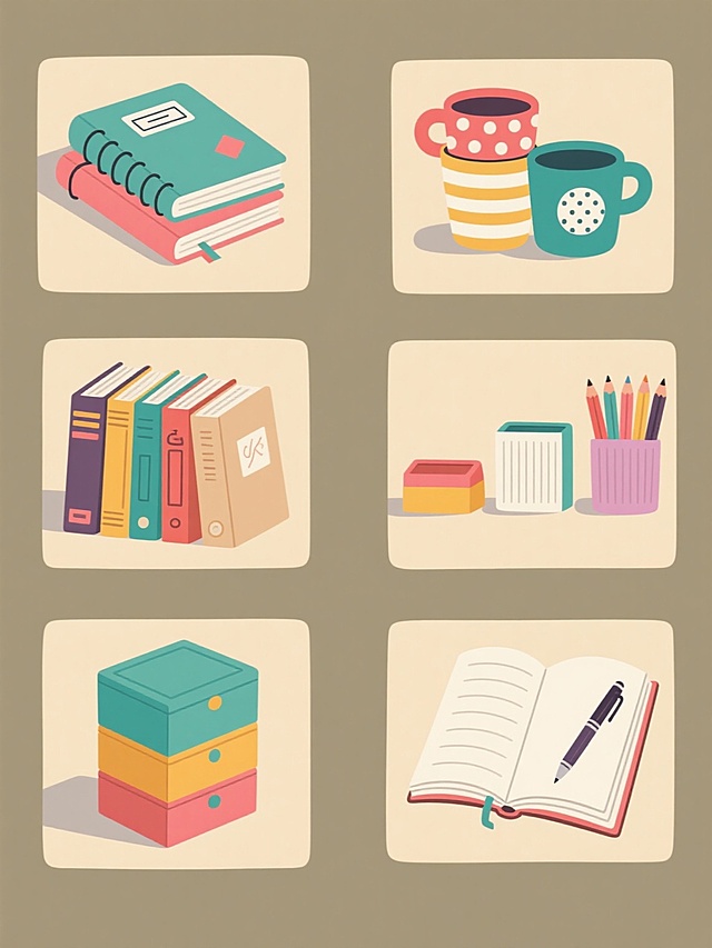 一组六幅规整排布的卡通风格静物插画，每幅均为纯色背景，保持统一的平面化设计语言、清晰的轮廓线条、简约的色块填充和低饱和度的柔和色调，画面整体色彩各异但和谐统一。第一幅：三本叠放的不同颜色笔记本，封面上有简约线条装饰和几何形状贴纸；第二幅：四个堆叠的彩色马克杯，杯身上有条纹、波点和简单图案；第三幅：五本不同尺寸的精装书整齐排列，书脊颜色各异并带有极简图标；第四幅：三个不同形状的铅笔盒与几支彩色铅笔组合，线条简洁明快；第五幅：四个堆叠的彩色方形收纳盒，表面有细微的纹理区分和简单符号；第六幅：三本打开的笔记本与一支钢笔的组合，页面边缘有简约装饰线条。所有元素均保持相同的卡通插画风格，通过大小、颜色和细微形态变化形成系列感，整体布局规整有序，每个元素都有明确的轮廓和填充色，无复杂细节和阴影效果。
