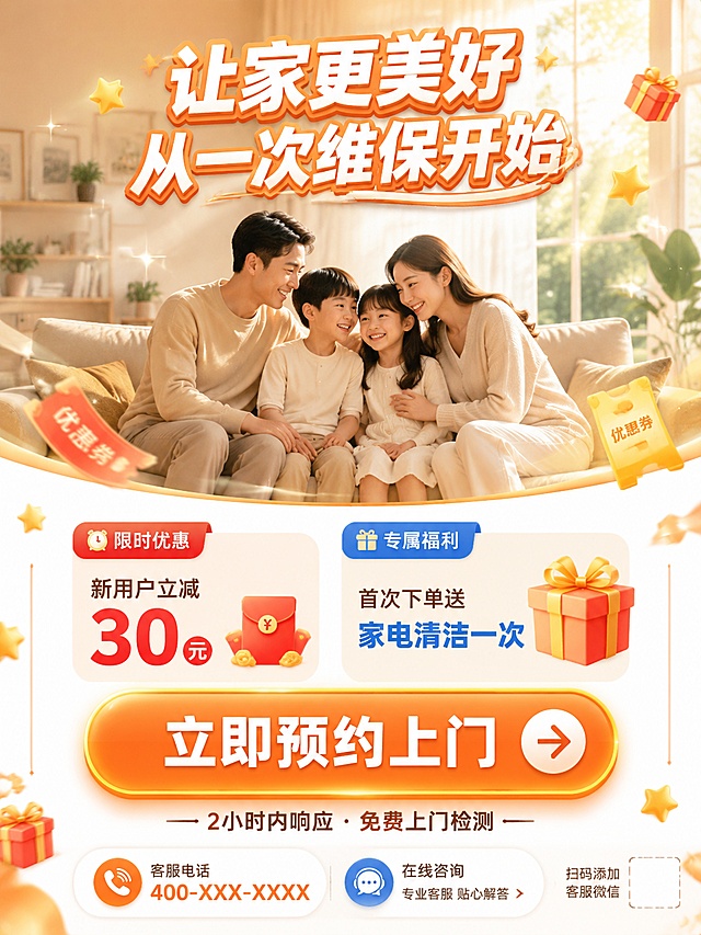 [第8屏] 家庭维保行动号召转化页面。
[氛围/风格] 温馨促单、优惠引导、行动号召风格，温暖有吸引力。
[元素布局] 画面上半部分是温馨的家庭场景：阳光明媚的客厅，一家人其乐融融地坐在沙发上，背景是整洁明亮的家居环境，象征维修后的美好生活；下半部分是促销信息和预约引导区，有一个醒目的预约按钮设计；左侧有一个限时优惠的标签，右侧有赠品/福利图标；底部有客服电话和在线咨询入口；画面有漂浮的星星、礼物盒、优惠券等装饰元素增加节日感和优惠感。
[光影质感] 上半部分温暖明亮的自然光，阳光从窗户洒入有丁达尔效应；下半部分促销区有柔和的聚光效果，按钮有发光和立体感；整体色调温暖温馨。
[配色色系] 全局底色上半部分 #FFF7ED 暖橙色渐变，下半部分 #FFFFFF 白色；主色 #F97316 橙色；辅助色 #2563EB 蓝色；按钮用橙色渐变，有强烈的视觉冲击力。
[视角构图] 上下分屏布局，上半部分场景约占50%，下半部分促销信息约占50%，阅读动线从上到下，最终聚焦到中央预约按钮。
[文字版式] 上半部分场景中有主标题「让家更美好 从一次维保开始」白色粗体字带描边，叠加在场景上方；下半部分：左侧「新用户立减30元」配红色标签，右侧「首次下单送家电清洁一次」配礼物图标；中央是大大的橙色按钮「立即预约上门」白色粗体字，按钮下方有小字「2小时内响应 · 免费上门检测」；底部有客服电话「400-XXX-XXXX」和「在线咨询」入口；右下角有「扫码添加客服微信」小字（但不出现真实二维码）。文字清晰可读，按钮最醒目。
[比例分辨率] 3:4 竖版比例，4K 分辨率，文字清晰可辨，高清画质。
[负向提示词] 变形，水印，文字错乱，文字过小，人物面部模糊，背景杂乱，颜色偏差，低俗内容，真实二维码，第三方平台logo。