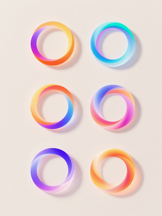 6个不同配色、不同样式、不同材质的圆圈素材，排列在浅色背景上，上下两行对齐排列。圆圈具有流动的动态感，采用渐变的色彩过渡，边缘带有柔和的光晕效果，呈现出轻盈通透的视觉质感，整体构图简洁明快，突出圆圈的形态美感和色彩变化。