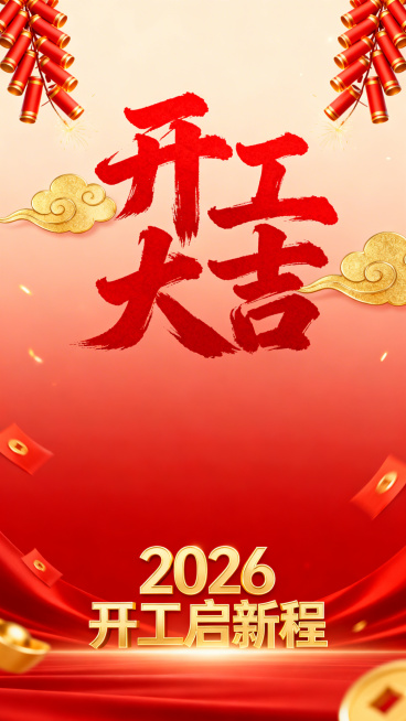 开工大吉主题竖版海报，画面有醒目的红色书法字体"开工大吉"，搭配金色祥云、鞭炮元素，背景为渐变红色，底部有金色的"2026开工启新程"字样，整体风格喜庆大气，充满新年开工的热闹氛围预览效果