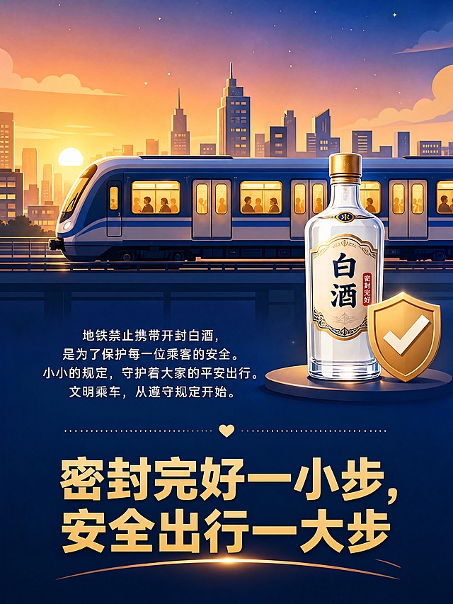 [画面] 温暖结尾画面，地铁列车在城市中平稳行驶的侧景，暖色调光线，车窗透出温暖的灯光，背景是城市天际线剪影。前景有一瓶密封完好、包装精美的白酒，旁边有一个对勾标识，表示合规。画面下方有大面积留白用于放置结束语金句。整体氛围温馨、安全、有温度。
[视觉] 套系策略：风格=扁平插画+微立体科普风格；标题字=粗黑体醒目大字；正文字=清晰易读的无衬线体；主色=地铁蓝（深蓝）；背景延展=暖橙到紫蓝的黄昏渐变天空，城市剪影，有温度感；强调色=暖黄色，用于车窗灯光和金句高亮；标题色=白色；正文色=浅白；组件=柔和光晕、城市剪影、星光点缀、对勾标识；光影=黄昏侧逆光，温暖柔和。
[文字] 画面下方居中金句："密封完好一小步，安全出行一大步"，上方小字："地铁禁止携带开封白酒，是为了保护每一位乘客的安全。小小的规定，守护着大家的平安出行。文明乘车，从遵守规定开始。"。文字横向排版，温暖有力量。
[规格] 竖版比例3:4，4K分辨率，避免模糊、文字过小、色调太冷、画面杂乱
