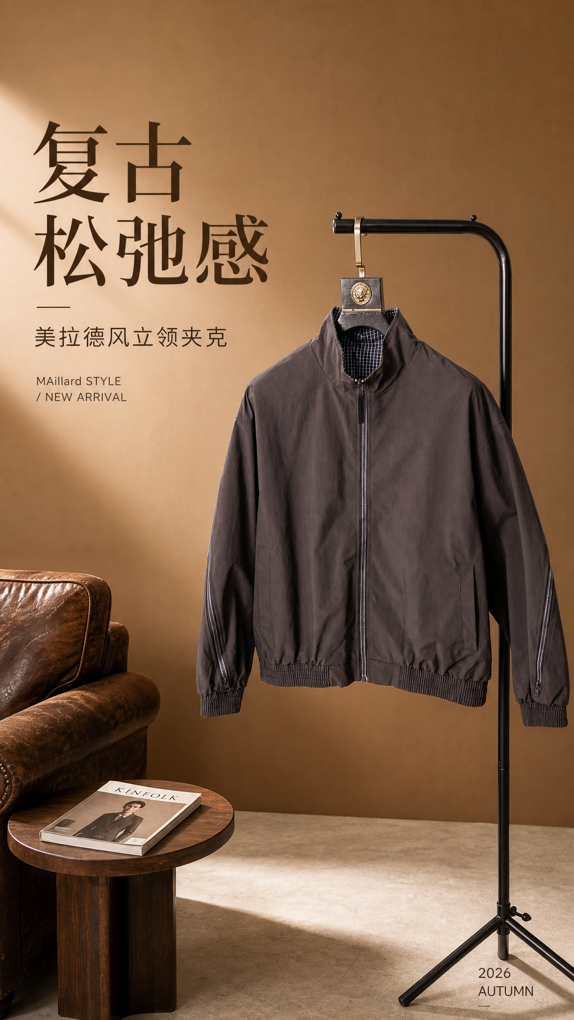 [第1张] 详情页头图海报-美拉德棕立领拉链夹克新品宣传。本张… - 图片创意预览