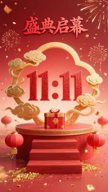 红色渐变背景上，绘制金色传统祥云纹样，中央是红色浮雕立体字 “11・11”，立体字两侧有金色祥云缠绕；上方用红色篆体艺术字 “盛典启幕”，下方设红色木质纹理阶梯展台，台面上摆放红金配色的传统灯笼和礼盒预览效果