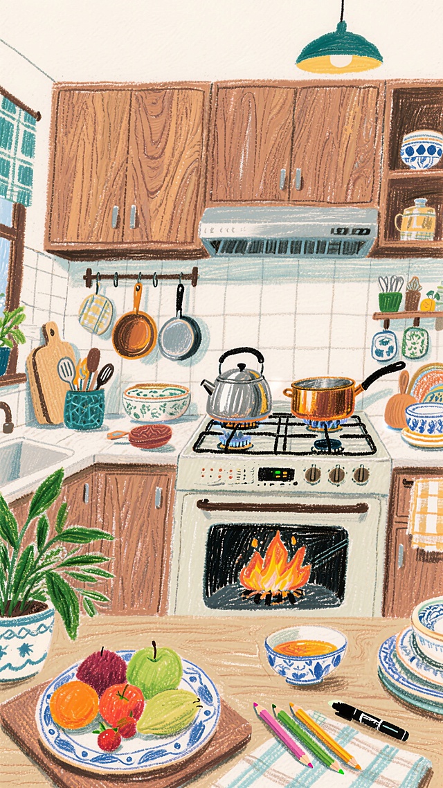 马克笔和彩色铅笔结合的手绘插画，色彩鲜艳饱和度高，绘画风格，厨房和厨房丰富的细节摆件和厨具，高清
