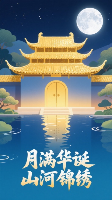 在静谧的中式园林场景中，一轮皎洁的明月高悬夜空，洒下银白的光辉。一座传统中国宫殿大门矗立眼前，整体呈现金色，拥有多层结构与弯曲的飞檐，飞檐上的瓦片纹理清晰，边缘微微上翘，尽显古韵。大门表面覆盖着闪闪发预览效果