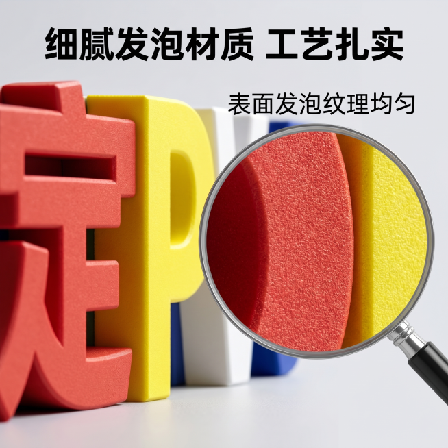 [主图-3] pvc字微距材质细节放大图，突出品质工艺
[氛围风格] 微距质感，工艺展示种草
[画质] 超高清微距商业摄影，纹理细节锐利清晰
[元素] 主图展示半块pvc字侧面，右侧叠加一个圆形放大框预览效果