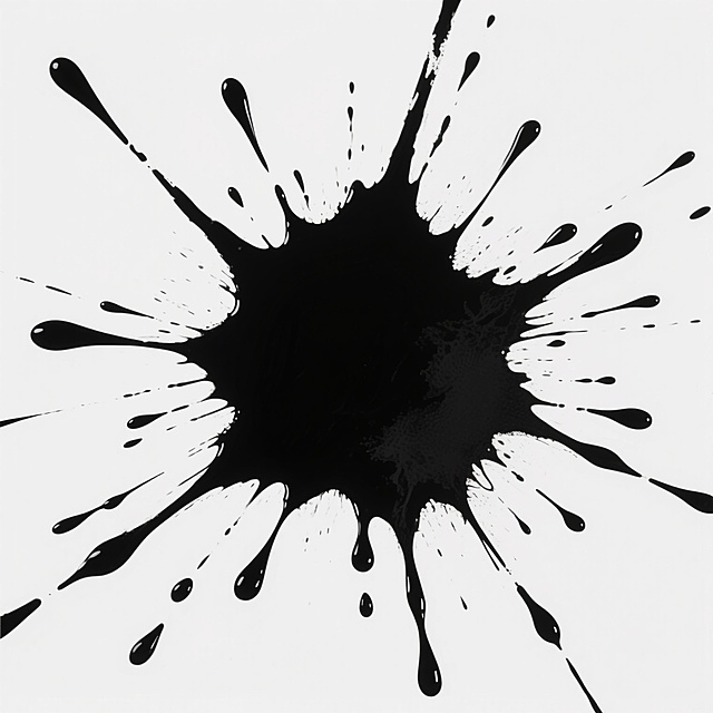 纯黑墨水在纯白色背景上泼溅形成的污渍素材，中心为浓郁饱满的黑色墨团，边缘呈不规则放射状，向外延伸出长短不一、粗细各异的墨丝和墨点，部分墨滴呈滴落状向下垂坠，整体具有自然、随机的水墨晕染质感，黑白对比强烈，线条流畅且富有动感，无任何文字或图案元素。