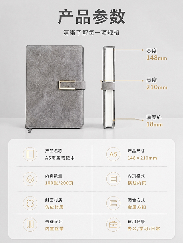 [商品] 使用【图1】A5方扣商务笔记本灰色款；保留产品外观、颜色、结构、尺寸比例；侧视角度展示厚度，正面展示封面，不改变产品本体。
[画面] 页面目标：规格参数与产品信息，最后一张收口。版式：参数表型，上下构图。上半部分左侧展示笔记本正面+侧面立体角度，右侧用细线引出尺寸标注：宽度148mm、高度210mm、厚度约18mm。下半部分为参数信息表，分左右两列清晰列出各项规格。背景为纯净浅灰色，底部有细腻台面。
[视觉] 套系策略：风格=商务简约高级商业摄影；标题字=现代无衬线粗体；正文字=简洁无衬线体；主色=莫兰迪灰；背景延展=基于莫兰迪灰做深浅层级、同色渐变和细腻哑光质感；强调色=哑光金，仅用于小面积图标、引线和标签；标题色=深炭灰；正文色=中暖灰；组件=圆角浅底信息卡、细线引线；光影=正面柔光，立体感强。
[文字] 顶部主标题"产品参数"4字，副标题"清晰了解每一项规格"10字。参数表左列：产品名称、产品尺寸、内页数量、内页格式；右列：A5商务笔记本、148×210mm、100张/200页、横线内页。下一行：封面材质、闭合方式、书签设计、适用场景；对应：仿皮材质、金属方扣、内置丝带、办公/学习/日常。数字用哑光金色突出显示。
[规格] 图片比例3:4竖版，4K，避免变形、错字、文字过小、冷蓝/蓝灰背景、产品颜色改变、参数虚构、水印、平台Logo。