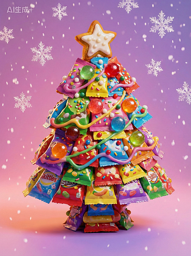 梦幻糖果圣诞树，3D重拟物风拼贴设计，波普艺术色彩碰撞，甜蜜可爱喜庆氛围，雪花飘落营造节日童话感。