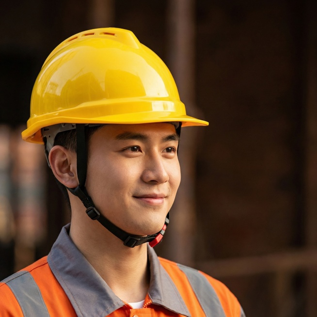 专业电商产品摄影，写实风格，主体为佩戴亮黄色V型透气款工地安全帽的东亚年轻男性，安全帽为高光泽ABS塑料材质，帽顶有三组长条形透气孔，搭配黑色织带与红色卡扣；人物穿着橙灰拼色带银灰色反光条的工地工装，预览效果