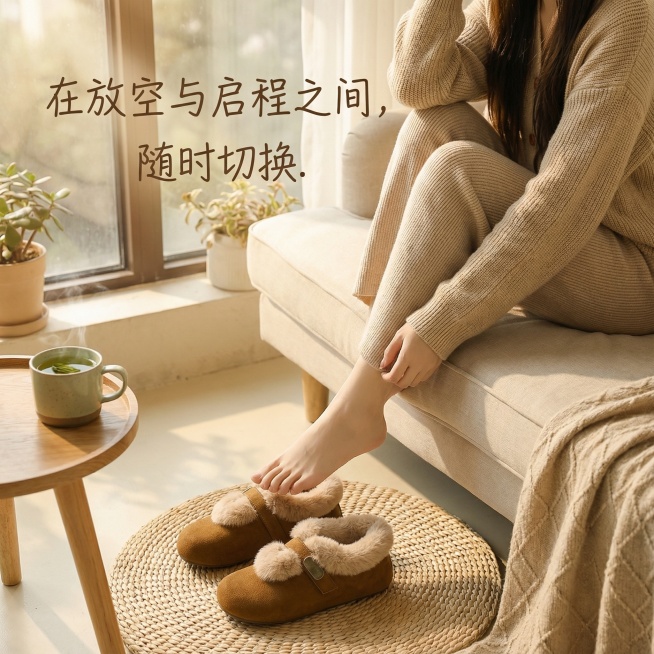 场景： 阳台的躺椅旁。模特赤脚踩在一只鞋上，另一只鞋安静地放在旁边，旁边有一杯清茶。突出“穿脱自如”的随性。

氛围文案： 在放空与启程之间，随时切换。预览效果