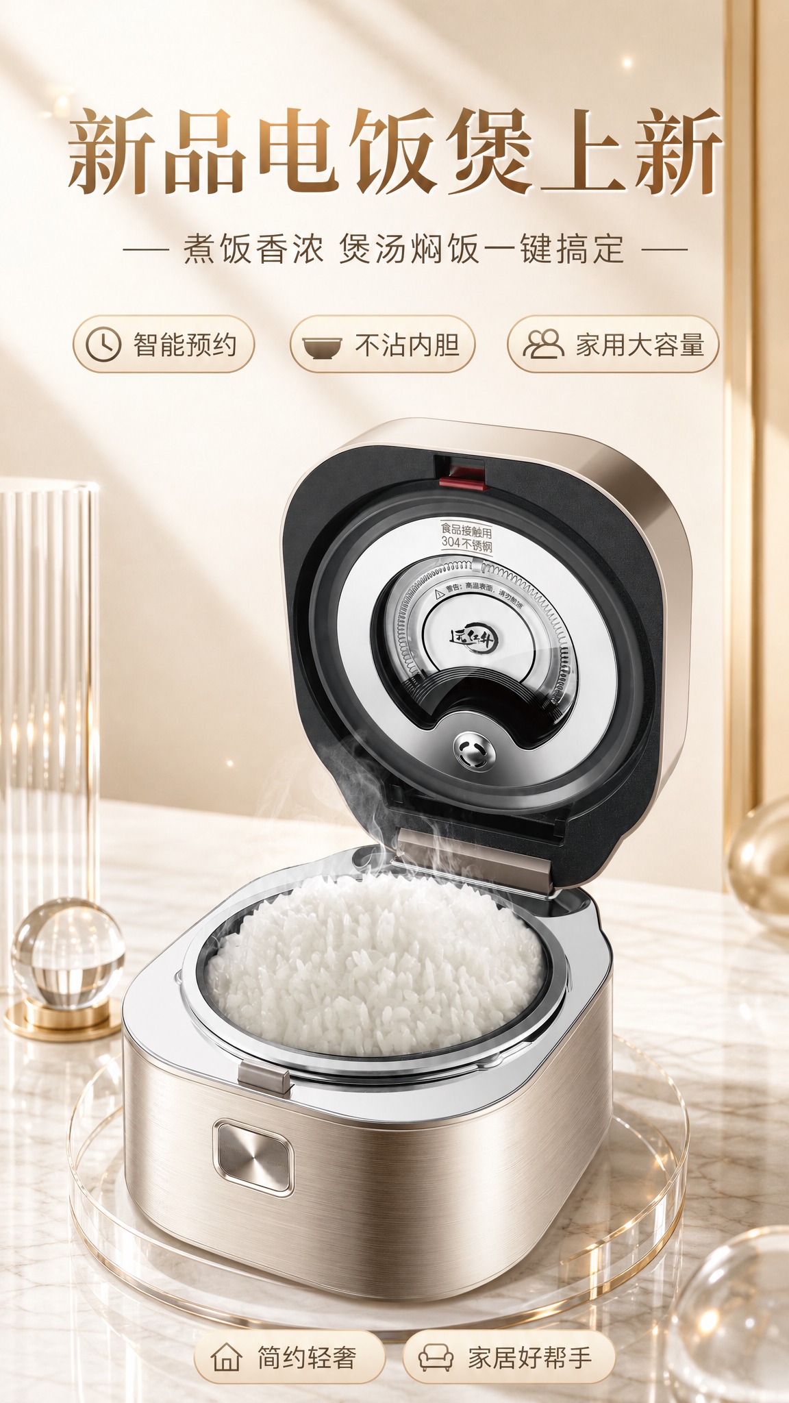为上传的香槟金/玫瑰金色金属拉丝质感电饭煲生成一张竖版9:16… - 图片创意预览