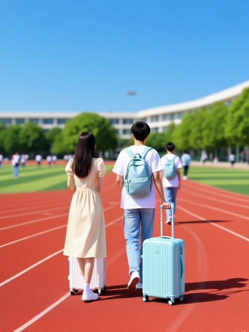 背向画面的两位活力大学生走在红色校园跑道上。女生穿浅米色连衣裙，旁有白色拉杆箱（上放书包）；男生着白半袖、浅蓝牛仔裤、背着书包，拉浅蓝拉杆箱。背景蓝天绿树、操场，远处教学楼与模糊大学生隐约可见，写实清预览效果