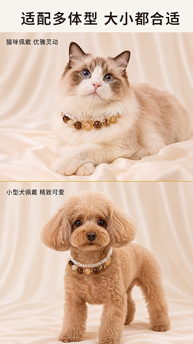 [第5屏] 不同宠物体型佩戴效果展示页，黄塔晶水晶宠物项圈。本屏使用【图1】作为猫咪佩戴参考，保留项圈结构和颜色与原图一致。
[氛围/风格] 真实场景展示，温馨自然，贴近生活，让用户直观感受佩戴效果，高级不杂乱。
[元素布局] 页面上下排列两个展示区域。上方区域展示布偶猫佩戴效果，使用【图1】主体，保留猫咪姿态和项圈完整展示，占上方50%画布。下方区域展示小型犬（如泰迪）佩戴效果，项圈结构颜色同图1，狗狗自然站立，背景统一浅米色窗帘，保持风格一致。两个区域之间用细金色线条分隔，每个区域配短标题说明。
[光影质感] 整体光线统一柔和，自然光感，两个区域光影一致，突出项圈在不同宠物身上的适配效果。
[配色色系] 全局底色 #f8f5f0（米杏）；分隔线 #d4af37（金色）；文字 #2c2c2c（深棕）。
[视角构图] 9:16竖版上下分屏，每个区域都是正面展示，主体突出，信息清晰。
[文字版式] 页面顶部总标题"适配多体型 大小都合适"，深棕加粗居中。上方区域标题"猫咪佩戴 优雅灵动"，下方区域标题"小型犬佩戴 精致可爱"，每个标题小号深棕色放在区域左上角，不遮挡宠物主体。
[比例分辨率] 9:16竖版比例，4K分辨率，文字清晰可辨，超高清。
[负向提示词] 宠物肢体扭曲，项圈大小错误，颜色偏差，文字遮挡主体，水印，背景杂乱，两个区域光影不一致。