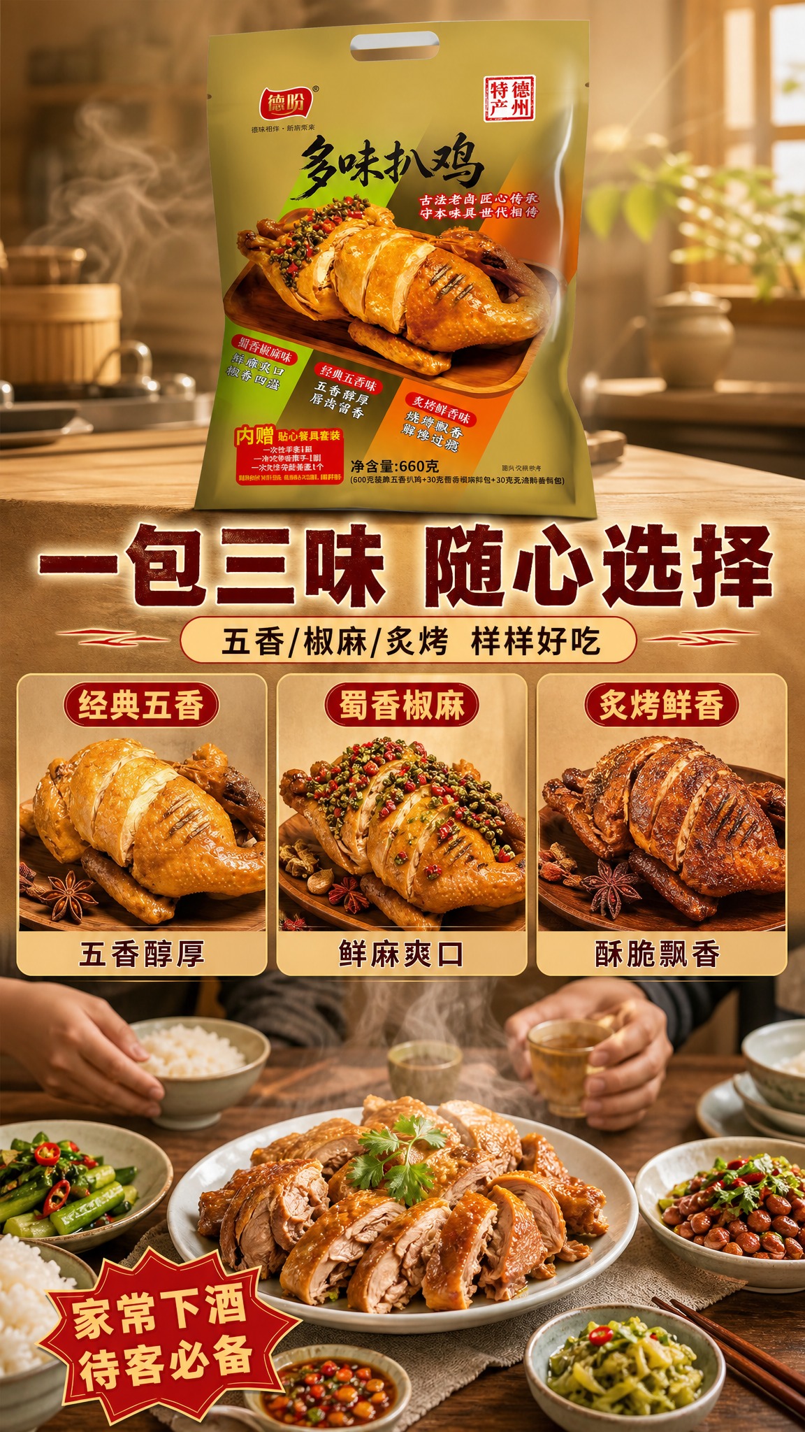 [商品] 使用【图1】德盼多味扒鸡金色包装袋，置于画面顶部居中… - 图片创意预览
