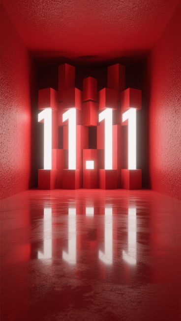 3D渲染风格的红色系促销背景，整体采用统一的深红色调，具有明显的明暗层次和渐变过渡，营造出深邃而富有空间感的氛围。画面中央是由多个垂直排列的红色立体几何块组成的抽象结构，几何块之间形成明亮的白色发光长条，光线从后方透出，在前方地面形成清晰的倒影。地面为光滑的红色平面，带有细微的反光质感。背景墙和地面的纹理改为细腻的磨砂颗粒质感，保留原有的极简主义设计风格和强烈的视觉冲击力，同时突出"11.11……预览效果