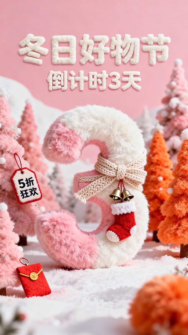 画面中央是粉白渐变毛绒质感的数字 “3”，缠绕针织蝴蝶结、挂迷你圣诞袜，搭配小铃铛装饰。促销元素是 “5 折狂欢” 毛绒标签、红包挂件，上方主标题 “冬日好物节”（奶白毛绒字），副标题 “倒计时 3 天”。背景是毛绒圣诞树林，色彩粉白 + 暖橙，鲜艳甜暖。
