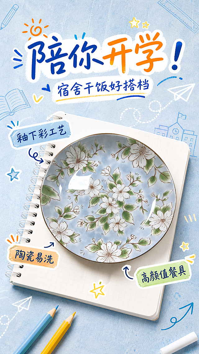 小红书风格开学季陶瓷盘电商海报，9:16竖版。浅蓝色做旧颗粒质感背景，叠加简约学校线稿暗纹（铅笔、尺子、书本、教学楼线稿）。画面中间摆放图1中的陶瓷盘产品，陶瓷盘斜放在白色螺旋线圈笔记本上，笔记本微微倾斜，自然随意。陶瓷盘100%还原上传商品图的产品外形、花卉图案、釉面质感、颜色与盘型结构，以上传图为唯一商品主体来源，设计仅作用于背景、光影、道具、版式和文字区。手写涂鸦艺术字体文案，主标题"陪你开学！"位于画面上方，活泼醒目。副标题"宿舍干饭好搭档"在主标题下方，字号稍小。三个卖点小标签："釉下彩工艺"、"陶瓷易洗"、"高颜值餐具"，以贴纸形式散落在产品周围。小纸飞机装饰线条点缀画面，还有星星、小箭头等涂鸦元素。清新活力开学主题，扁平化商业插画 + 产品实拍结合风格，明亮干净柔光，商业广告质感，高饱和度，细节丰富，无多余水印，8K高清，版式精美。画面中必须完整呈现以下文字信息："陪你开学！"、"宿舍干饭好搭档"、"釉下彩工艺"、"陶瓷易洗"、"高颜值餐具"，画面中所有数字必须精确渲染，不得错位、遗漏或编造。