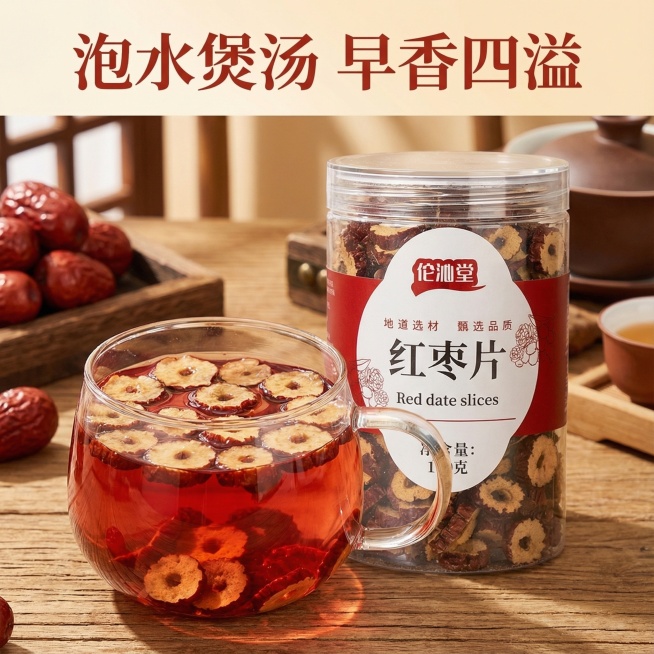 图一中这款产品是红枣片，我在拼多多卖这款产品，请帮我设计10张电商主图，这款产品的克重是100g
文案要求:红枣圈 酥脆香甜 片大肉厚 泡水煲汤 早香四溢 新鲜无核 干净无杂 免洗预览效果