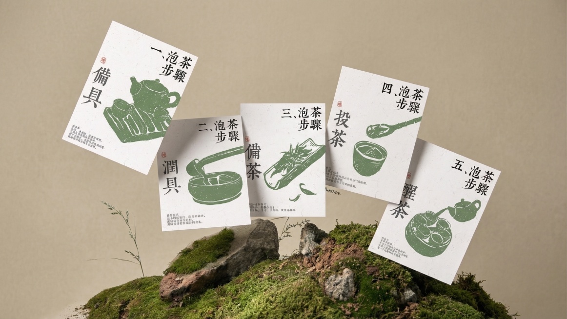 将图1的明信片按照图2的摆放方式，在空中悬浮，五张明信片交错遮挡，明信片以斜向堆叠方式错落摆放于米白背景前，同时用图3放置在画面下侧作为，角度为俯拍预览效果