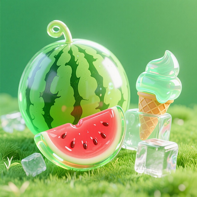 夏日大西瓜，一个西瓜，分别有没切的和切开的，玻璃透感，旁边有冰淇淋、冰块等小元素点缀，草绿色背景。