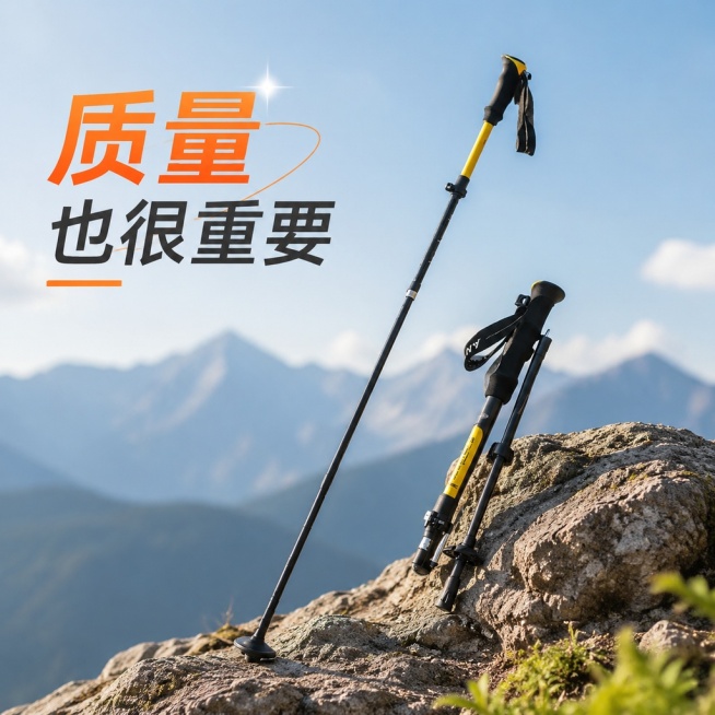 优化登山杖主图，保持商品主体不变，优化背景为更简洁干净能突出商品的户外环境背景，更换商品展示角度，调整拍摄色度与原图差异，在图片上添加设计美观的文字“质量也很重要”，保留原图比例不变预览效果
