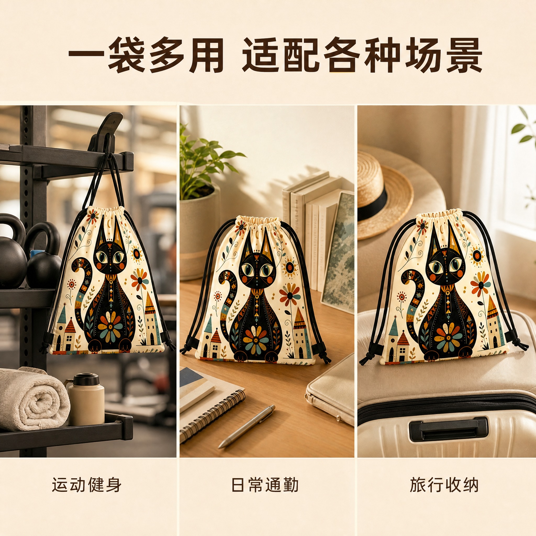 [主图-5] 多场景用途展示，呈现束口袋的多种使用场景和功能价… - 图片创意预览