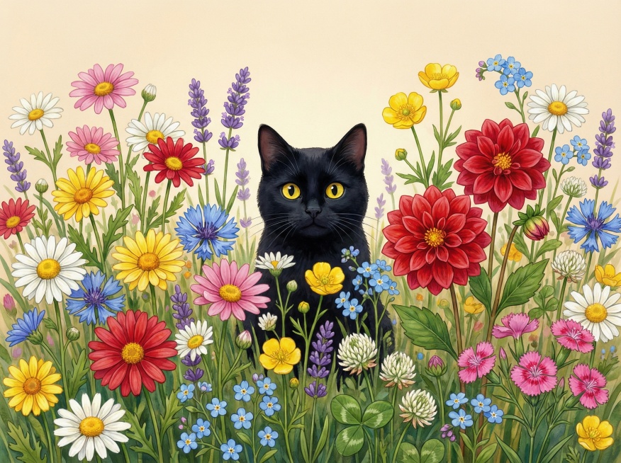 画面中间是一只卡通黑色的猫，眼睛是明亮的黄色，猫咪在花丛中探出头，身体下半部分被花朵遮挡。猫咪被一片野花花海环绕，包含多种色彩鲜艳的花卉：各色雏菊（白、黄、粉、红、蓝）、红色大丽花、黄色毛茛、紫色薰衣预览效果