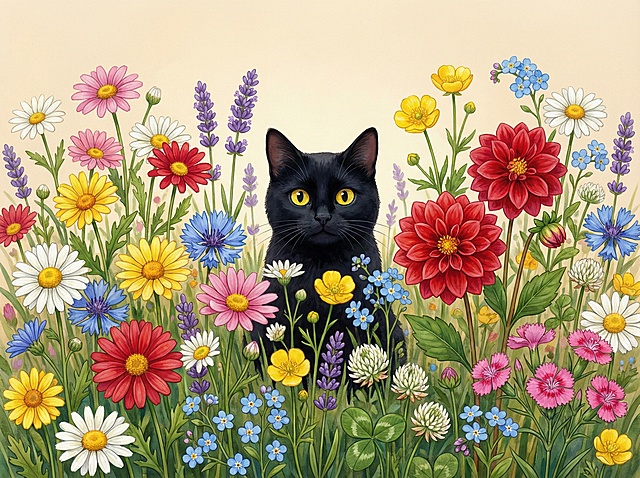 画面中间是一只卡通黑色的猫，眼睛是明亮的黄色，猫咪在花丛中探出头，身体下半部分被花朵遮挡。猫咪被一片野花花海环绕，包含多种色彩鲜艳的花卉：各色雏菊（白、黄、粉、红、蓝）、红色大丽花、黄色毛茛、紫色薰衣草、蓝色勿忘我、白色三叶草、粉色石竹等。花卉高低错落，层次丰富，叶片与茎干细节清晰，营造出自然野趣的花园氛围。背景是柔和的浅米色。风格为水彩/油画质感，融合现代数字绘画技术的艺术插画，光泽细腻呈现，整体画面层次丰富，高清晰度，高清画质，高分辨率，高度详细，细节丰富、色彩鲜艳，整体色彩饱和度高