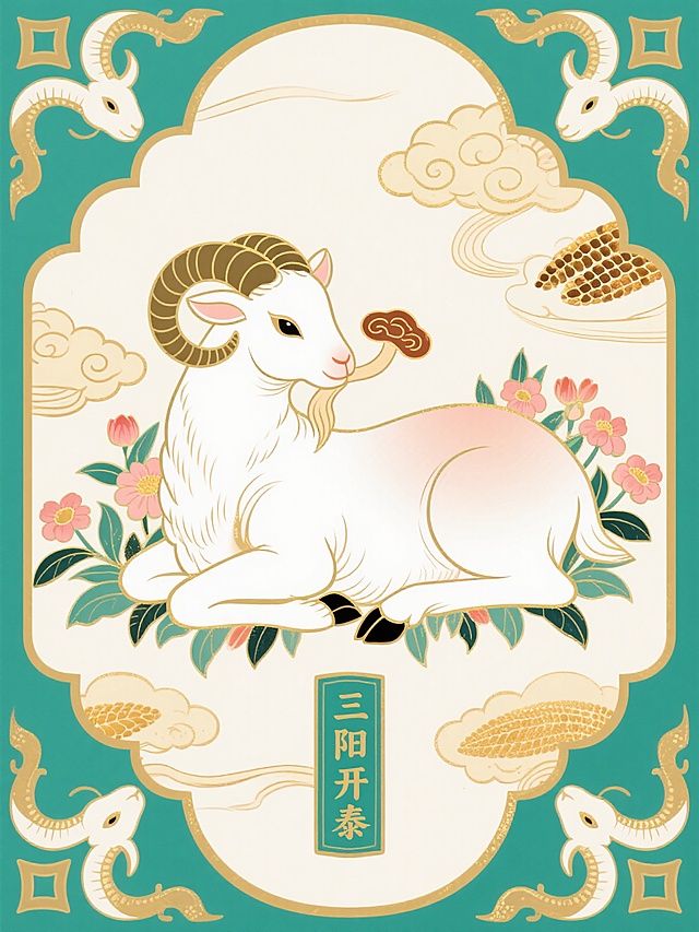 中式插画风，国潮复古感，唯美国潮设计，工笔刺绣手法，三阳开泰节日主题。