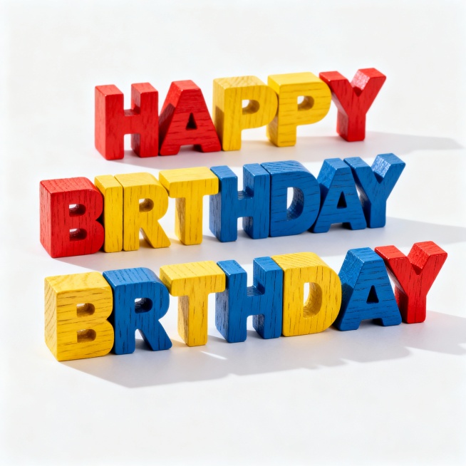 生成一个红黄蓝三个单一颜色HAPPY BIRTHDAY字母积木预览效果