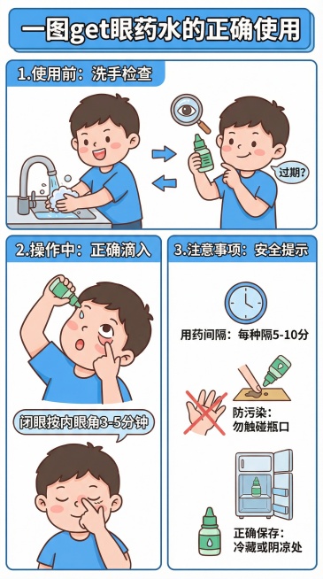 结合正确使用眼药水（要求内容来自三甲医院），标题：一图get眼药水的正确使用，图片动画风格预览效果