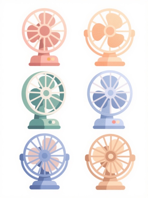 6个不同配色、不同样式、不同材质的卡通风格电风扇，每个风扇均具有圆润造型、简洁线条和轻微颗粒质感的渐变色彩，风扇叶片和底座设计各有特色，整体排列整齐，置于纯白色背景上，保持明亮柔和的光影效果和统一的扁平化插画风格。预览效果