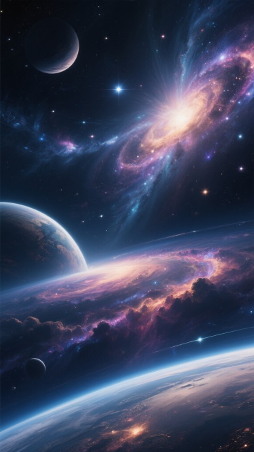不同元素、不同配色、不同样式、不同风格的宇宙背景，配色简单干净，深邃宇宙空间，行星与恒星，星系与星云，星光闪烁，宇宙尘埃，梦幻星空，神秘太空，科幻感，高清细节，绚丽色彩，宇宙全景，空间感，层次感，宇宙探索，星辰大海，唯美星空，宇宙奇观，太空旅行，宇宙奥秘，星空背景，宇宙风景，星际空间，银河，星球，星云，星光，宇宙深处，浩瀚宇宙，宇宙壁纸，宇宙插画，科幻插画，太空插画，星空插画，宇宙艺术，太空艺……预览效果