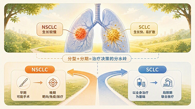 医学信息图解风格，上下分层布局，整体风格与参考图一致：温暖插画质感、柔和配色、圆角设计。上层：一个肺部轮廓，内部有两个不同颜色的肿瘤——暖橙色肿瘤标注中文"NSCLC，生长较慢"，暖金色肿瘤标注中文"SCLC，生长快、易扩散"。下层：一张分叉的流程图，左边路径标注中文"NSCLC→早期可能手术，晚期靶向/免疫/放疗"，右边路径标注中文"SCLC→以全身治疗为基础，局限期联合放疗"。上下层之间由一条柔和虚线连接，虚线上标注中文"分型+分期=治疗决策的分水岭"。温暖蓝橙配色，干净简约，横版构图，高清细腻