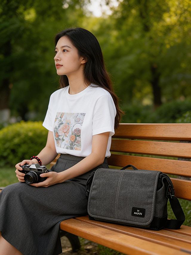 户外公园长椅场景，一位长发女性侧身而坐，手持复古胶片相机，身背深灰色帆布单肩包，单肩包主体放置在长椅上，女性穿着白色印花短袖T恤搭配深灰色半身长裙，手腕佩戴红黑配色手绳。背景是虚化的茂密绿色植被，自然森系氛围，柔和自然侧逆光，浅景深效果突出主体产品，真实质感的商业产品摄影，高清细节，暖调自然光，日系清新风格，保留单肩包的产品细节和品牌logo