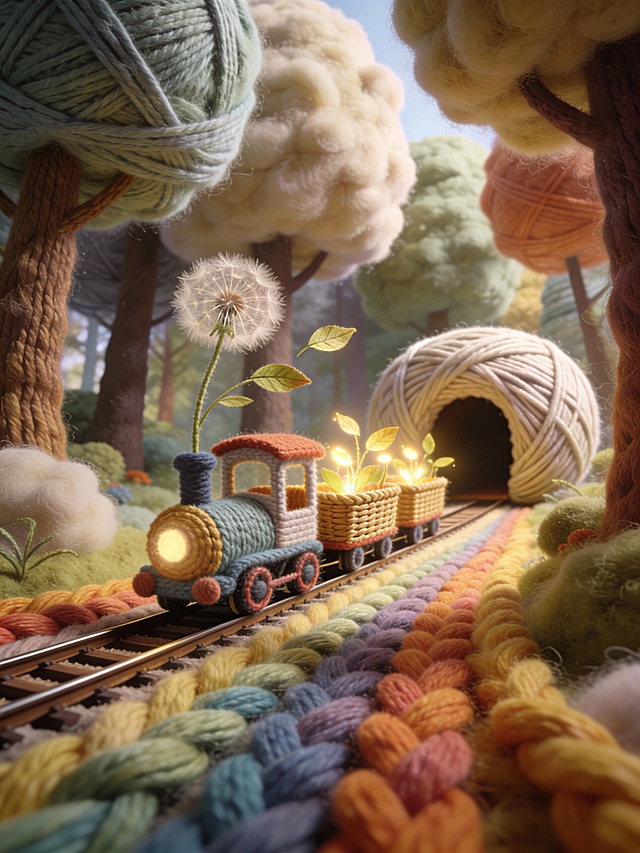 毛线编织的童话森林，3D微缩艺术风，火车载着发光植物穿行于绒毛树间，梦幻温馨，趣味十足。
