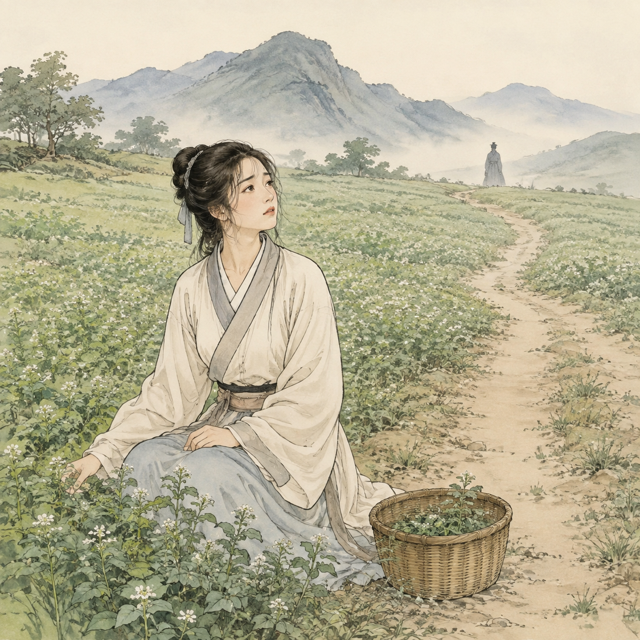 新国风彩色简笔画风格，诗经《卷耳》意境，周朝时期。一位身着素色… - 图片创意预览