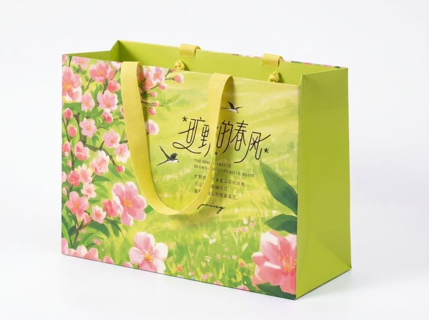 纸质手提袋，保留正面粉色花卉图案和文字“旷野的春风 THE SPRING BREEZE BLOWS AND GIVES BIRTH AGAIN”，侧面是绿色，配备2.5厘米宽黄色涤纶手提绳，生成斜后方预览效果