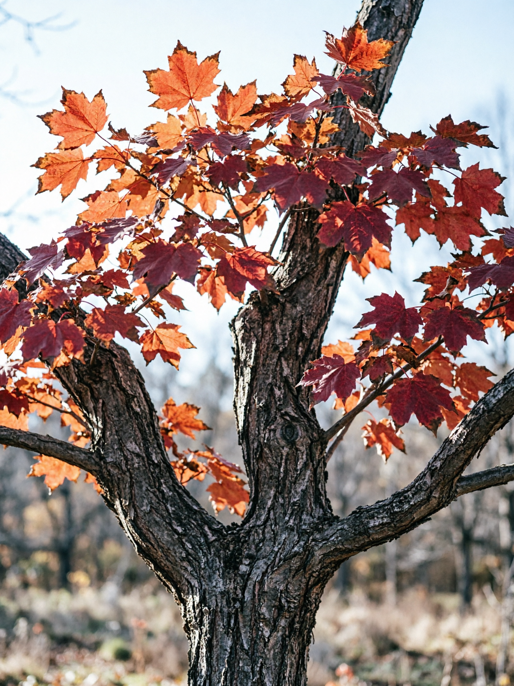 一棵枫树，秋季红叶，树冠饱满，枝干遒劲，细节清晰，自然写实风格 - 图片创意预览