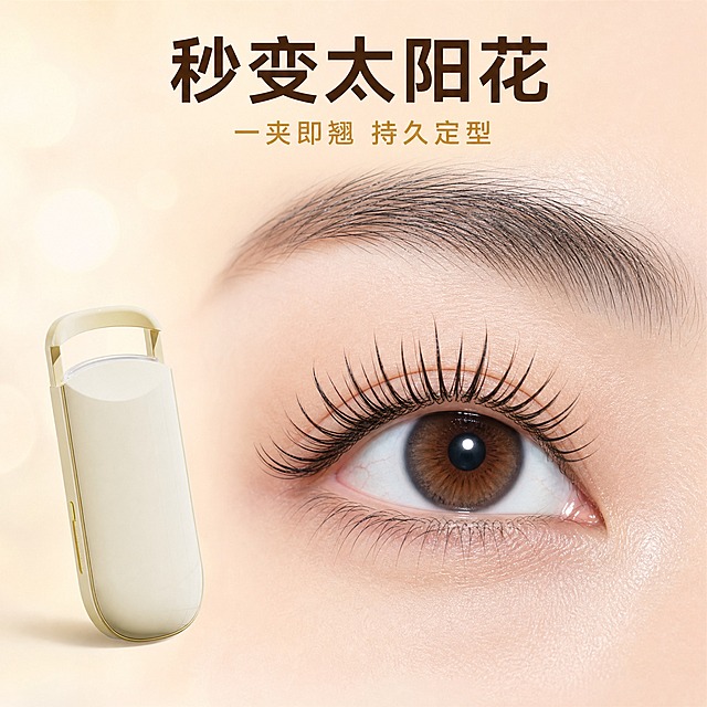 [主图-3] 使用效果展示，通过眼部特写展示使用后的太阳花睫毛效果，突出卷翘纤长的视觉冲击力。
[统一基调] 整体风格为极简高级静物摄影，背景主色为奶油白渐变，标题字色为深咖色，辅助字色为暖金色，强调色为奶黄色；字体为干净非衬线体，标题粗体大号，辅助文字缩小50%以上；画面采用满版无边框构图，无厚重色块底板。
[画面] 画面中央偏右展示一只亚洲女性的眼部特写（仅眼部及周围小范围皮肤，不展示全脸），睫毛卷翘纤长呈太阳花状，根根分明；画面左下角放置奶黄色电动睫毛夹产品，占画面约30%，产品与眼部效果形成呼应；背景为柔和的奶油白到浅粉色渐变，有淡淡的光斑效果；眼部睫毛有自然光泽，卷翘弧度优美。
[光影质感] 商业人像摄影质感，眼部皮肤细腻有光泽，睫毛根根清晰，卷翘弧度自然真实；产品光影与整体环境光一致，自然融入场景，无硬切边缘。
[配色] 主背景奶油白渐变带浅粉调，产品奶黄色，睫毛深黑色，标题深咖色，整体色调温柔高级。
[文字版式] 主标题"秒变太阳花"位于画面上方居中，粗体大号深咖色；副标题"一夹即翘 持久定型"在主标题下方，字号约为主标题的50%，暖金色；所有文字横排居中，不遮挡眼部和产品主体。
[输出要求] 1:1正方形比例，2048px*2048px，文字清晰可读，睫毛效果真实自然，产品清晰，无变形，无错字，无水印，无平台Logo，无夸张P图。