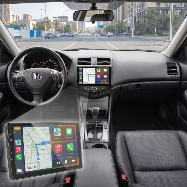 1. 确认原车机中控屏幕已是带导航的三分屏carplay UI，保持该界面不变；2. 提取包含左侧按键和屏幕质感的原车机中控屏幕界面，单独抠出放大清晰展示；3. 将抠出放大的屏幕移动到原UI界面左下侧预览效果