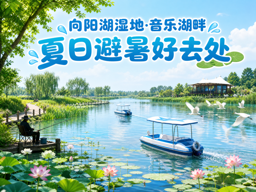 制作一张横版抖音团购封面图，比例为4:3，主视觉为向阳湖湿地夏季清凉场景：澄澈湖面上漂浮着荷叶与荷花，背景是蓝天白云、翠绿芦苇与环湖步道，远处有上传图片中的木屋民宿，整体色调为薄荷蓝+草绿+米白，营造预览效果