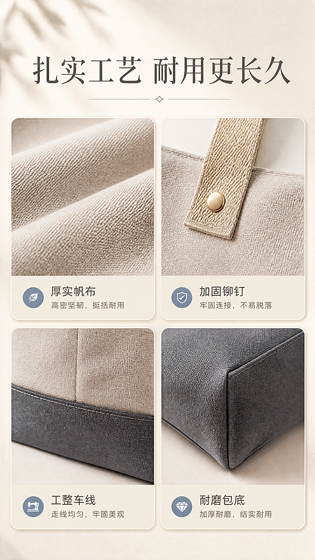 [商品] 使用【图1】米灰拼深灰单肩帆布托特包；保留帆布材质、撞色拼接缝线、金色铆钉五金、肩带织纹、包边工艺；做局部微距放大处理，增强面料织纹肌理、缝线工整度和五金高光质感，不改变材质与颜色。
[画面] 页面目标：面料与工艺细节页，体现结实耐用的品质感；构图采用2x2宫格布局，4个细节特写分别为：帆布面料微距纹理、肩带与铆钉连接处、撞色拼接缝线、包底耐磨角；背景统一为浅米灰纸张质感，每格带柔和投影。
[视觉] 套系策略：风格=韩系文艺简约商业摄影；标题字=纤细宋体+轻衬线设计感；正文字=简洁无衬线体；主色=米杏灰；背景延展=基于米杏灰做深浅层级、同色渐变和细腻墙面/纸张/木质感；强调色=雾霾蓝灰，仅用于小面积图标、引线和标签；标题色=深炭灰；正文色=中暖灰；组件=圆角浅底信息卡、细直线引线、小标签；光影=左前侧柔暖自然光，带柔和窗影。
[文字] 顶部主标题「扎实工艺 耐用更长久」，宫格每格下方对应短标签：厚实帆布 / 加固铆钉 / 工整车线 / 耐磨包底；文字全部横排，字号清晰可读。
[规格] 图片比例9:16竖版，4K分辨率，避免变形、错字、文字过小、冷蓝背景、材质失真、颜色改变。