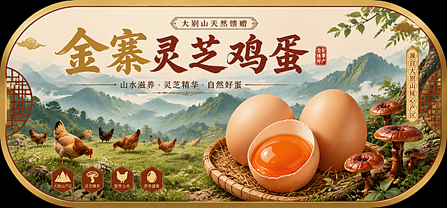 金寨灵芝鸡蛋包装不干胶贴，两颗完整鸡蛋和半颗破开的鸡蛋，金红色蛋黄饱满鲜亮，背景是层叠的大别山山脉，绿色草地上散养母鸡悠闲啄食，点缀几株野生灵芝，国风田园设计风格